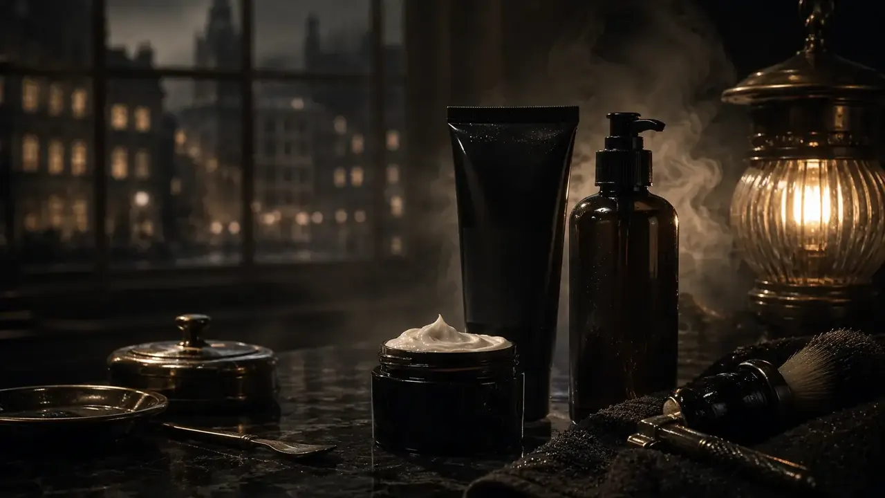 Ansiktskräm, rengöring och hudvård för män i en mörk och elegant gentlemanmiljö