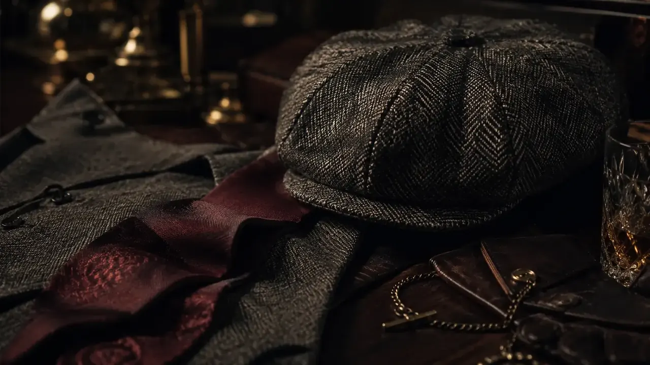Herringbone Gatsby-keps, väst och slips för en tidlös klassisk herrstil