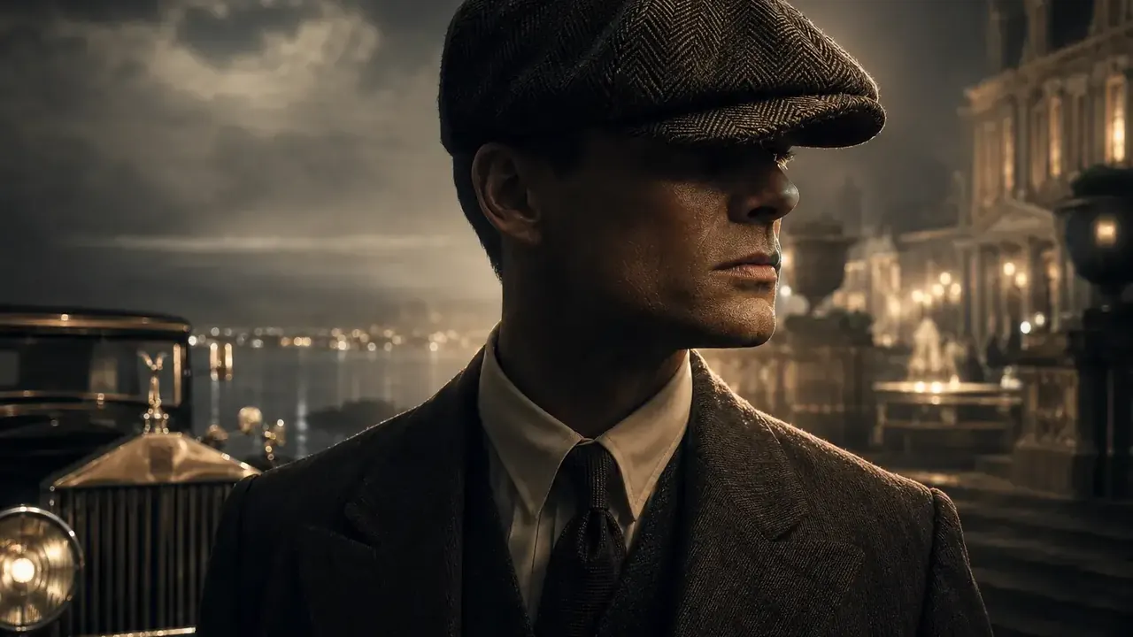 Gentleman i herringbone Gatsby-keps och klassisk herrkostym vid en historisk stadsgata