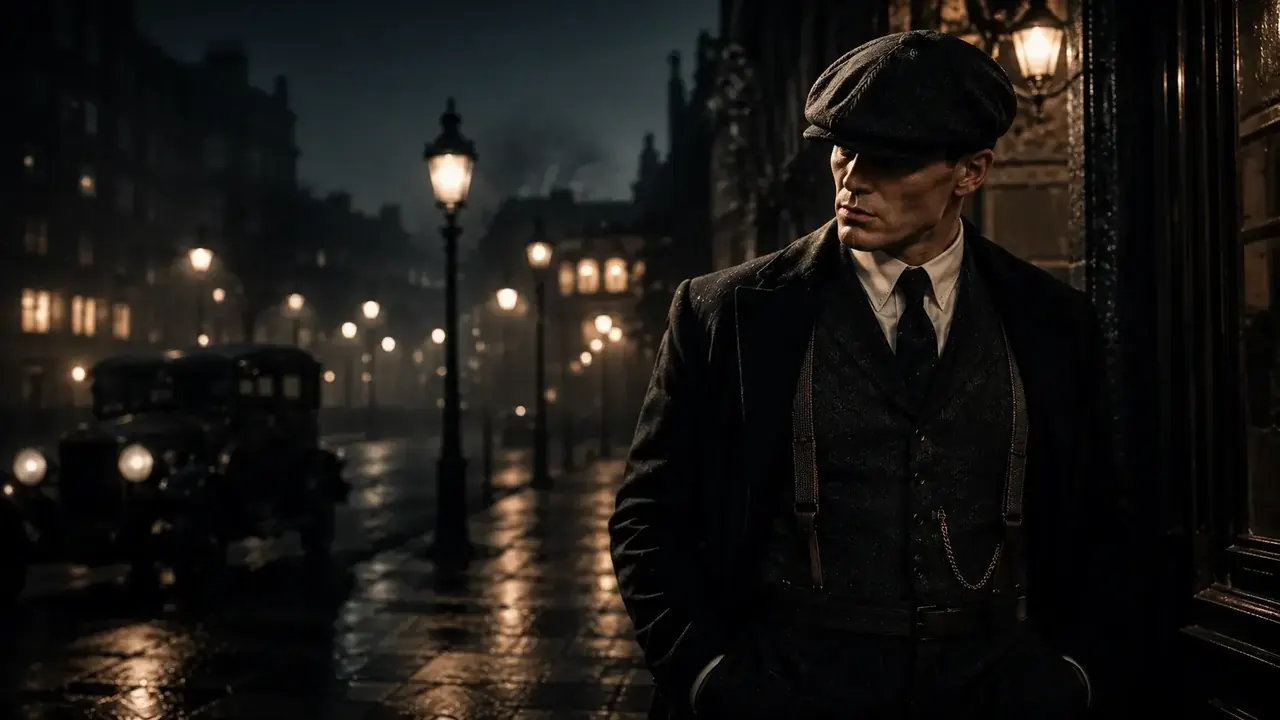 Gentleman i mörk ullrock, väst, slips och Gatsby-keps i klassisk brittisk herrstil