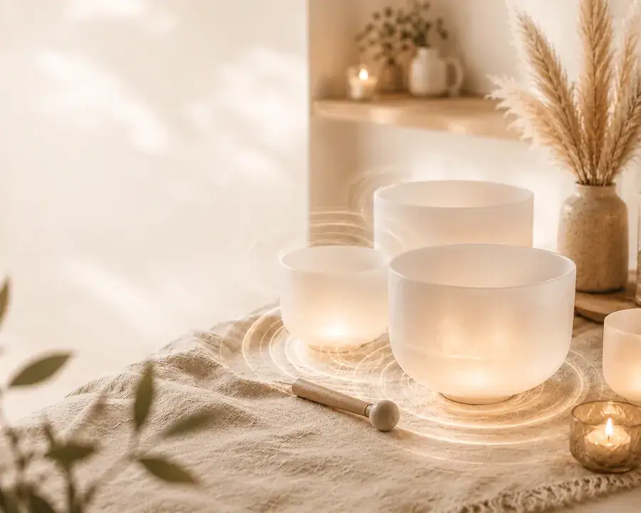 Soundhealing med kristallskålar i ljus och rofylld miljö